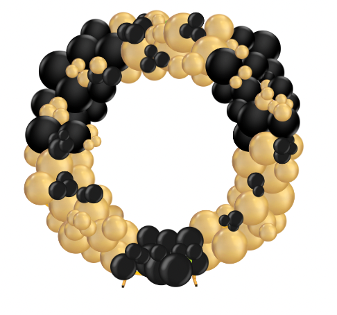Black and gold balloon arch, circular shape, standing on gold supports.