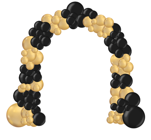 Balloon arch in gold and black.