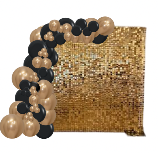 Gold sequin backdrop with black and gold balloon arch.