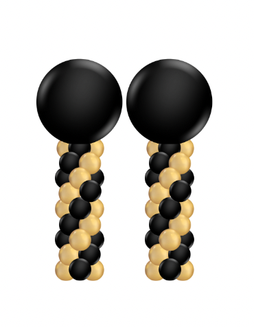 Two balloon columns with black and gold balloons, topped with large black balloons.