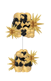 Two-tiered balloon sculpture in gold, black, and yellow with starburst accents on a white background.