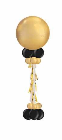 Gold and black balloon arrangement with tassels.