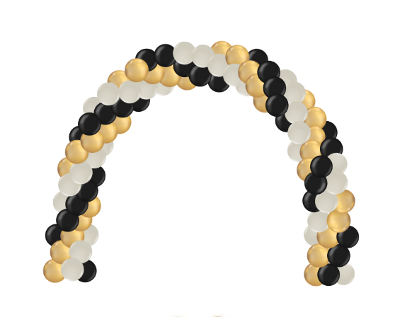 Balloon arch in black, gold, and white, in an arc shape, against a white background.