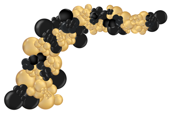 Black and gold balloon garland, arcing shape, for a party decoration.