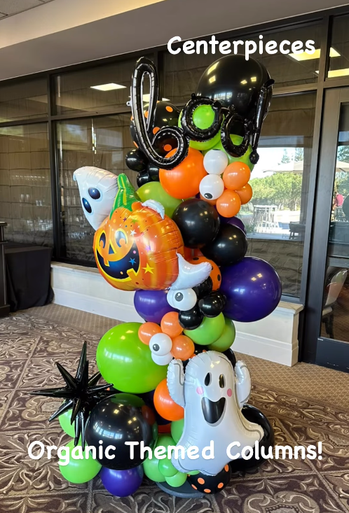 Halloween balloon columns with pumpkin, ghost, and 