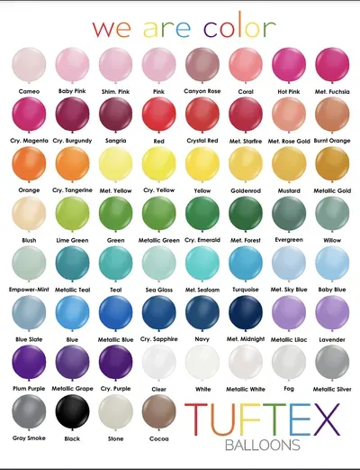 Color chart of Tuftex balloons, featuring rows of colored balloons with corresponding color names.
