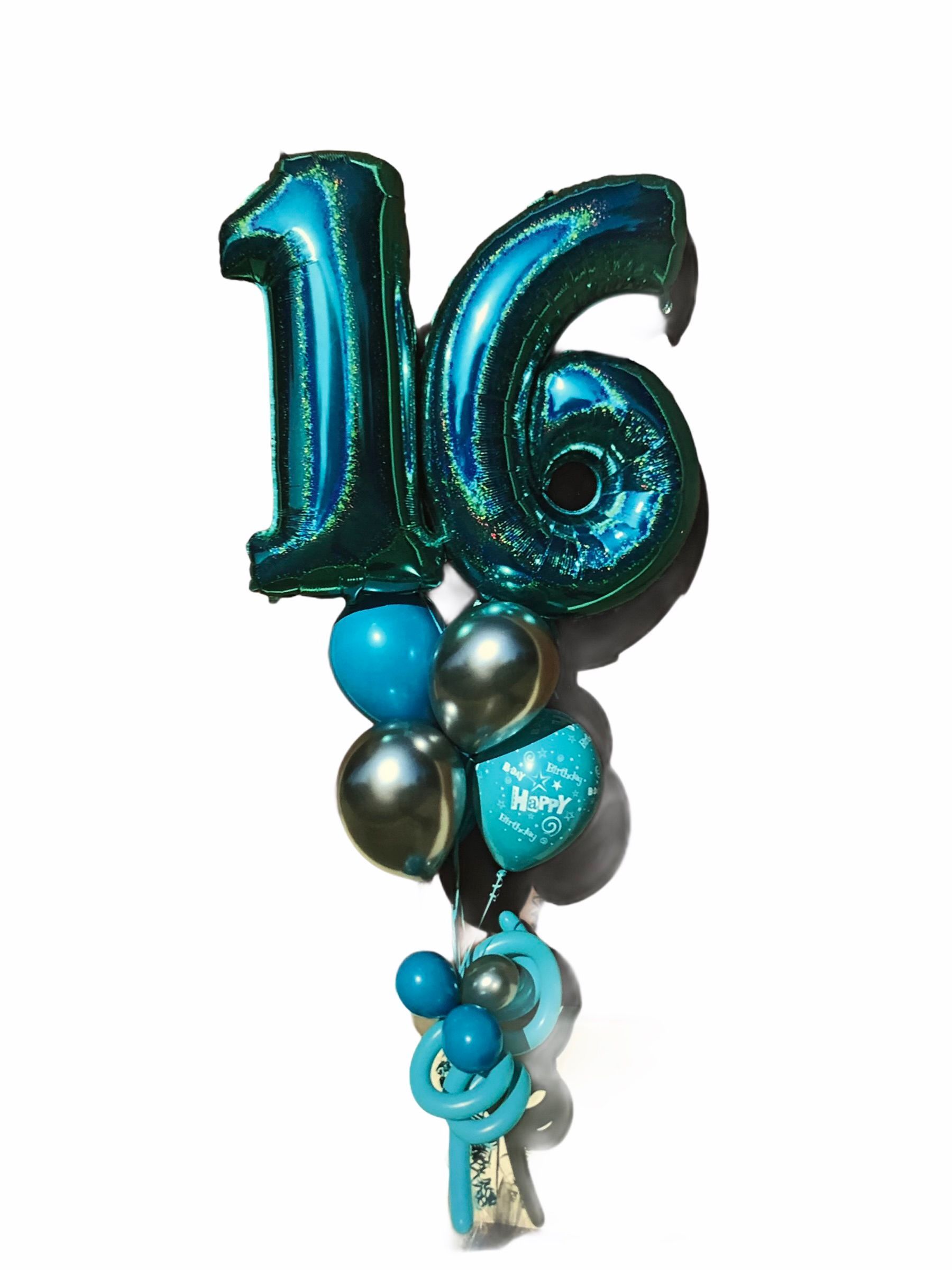 Blue and silver balloon arrangement with the number 