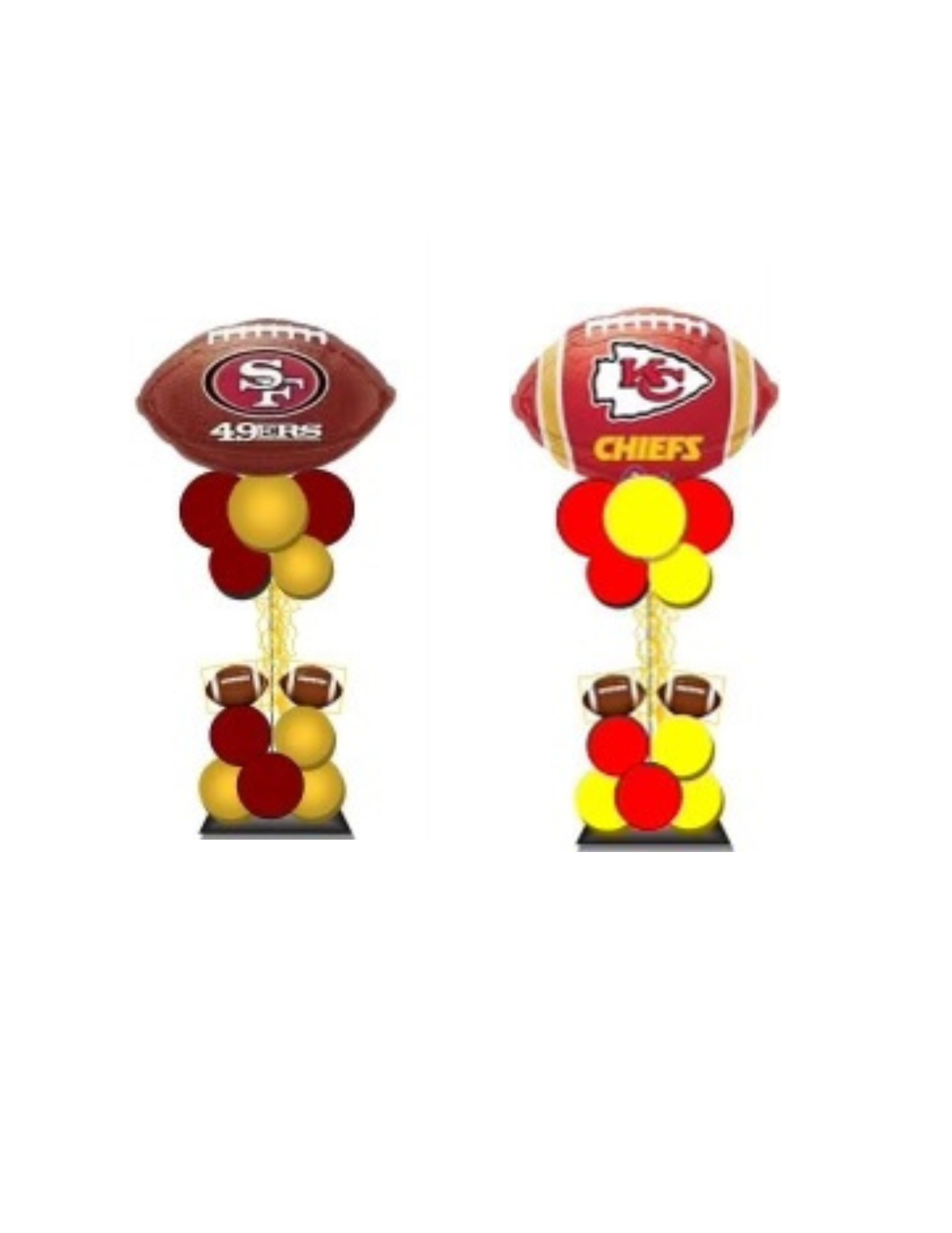 Two balloon football columns: 49ers and Chiefs logos atop red, gold balloons.