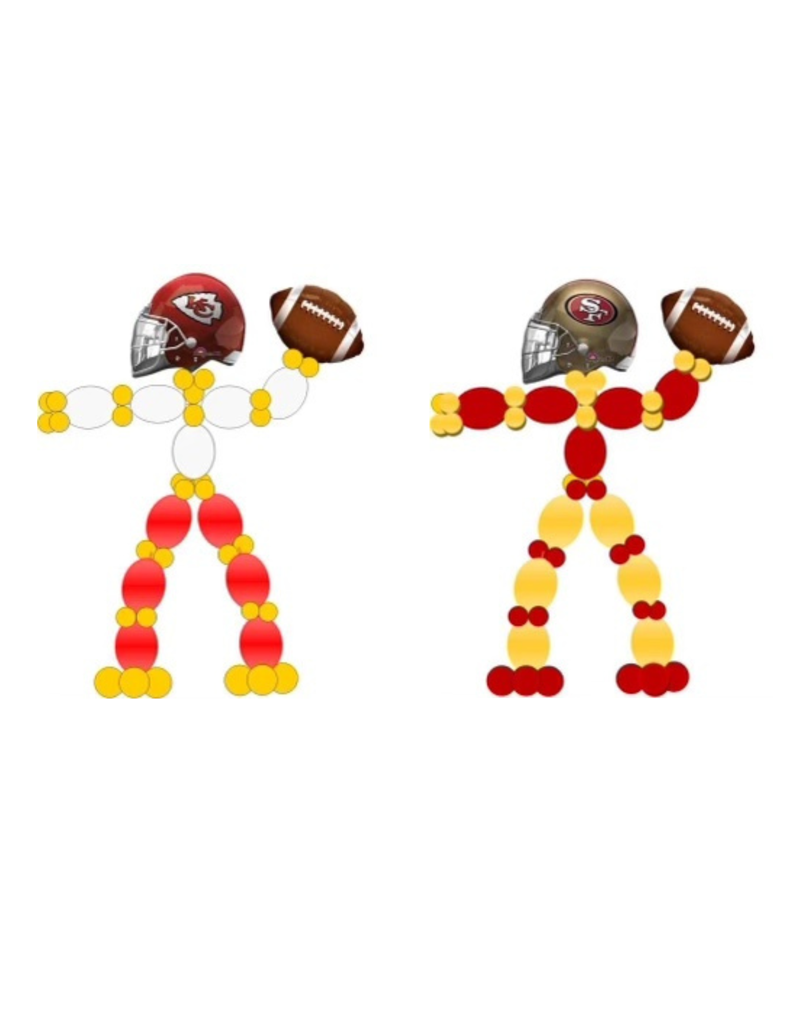 Two stick figure football players, one red and gold, one gold and red, throwing footballs.