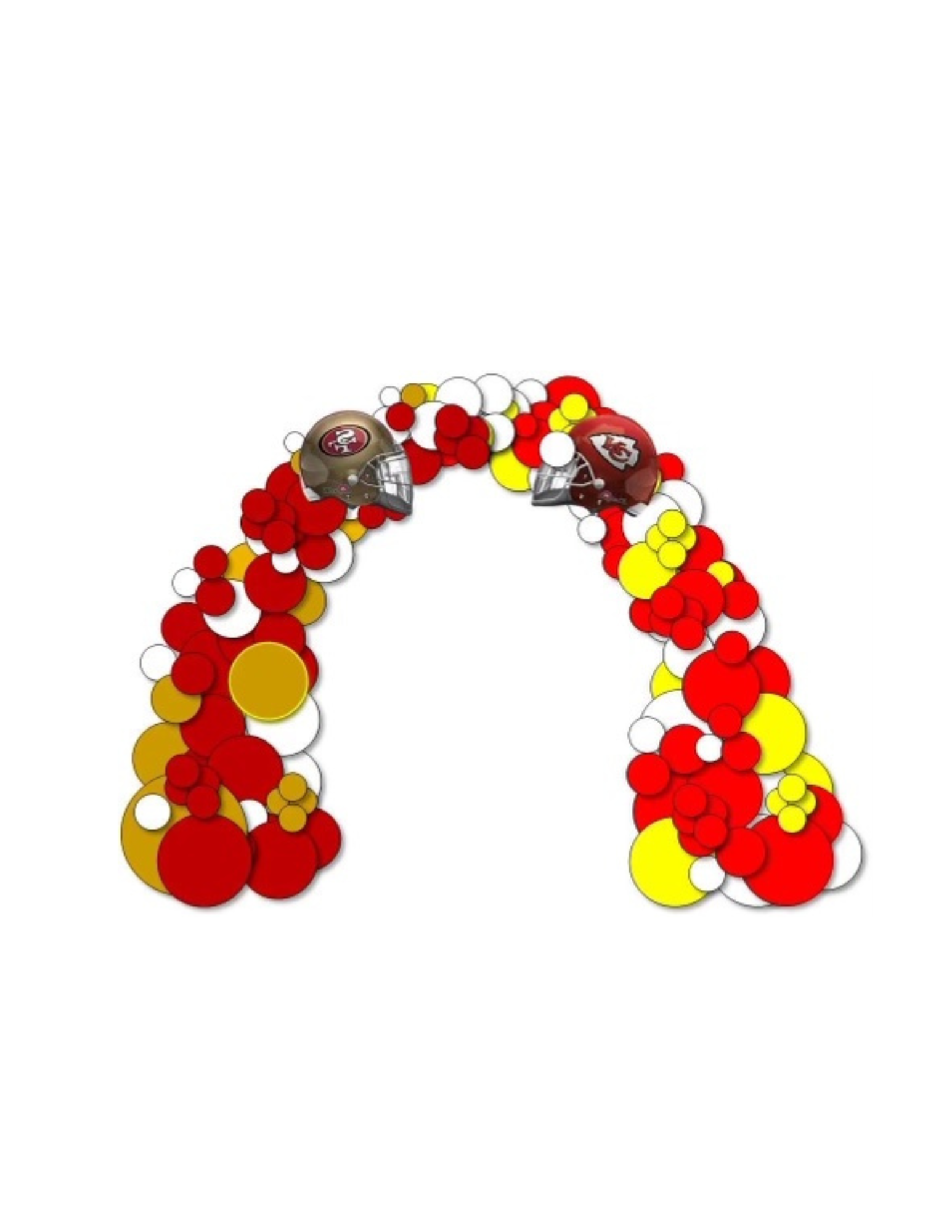 Balloon arch with red, yellow, and white balloons, two football helmet decorations, for a party.