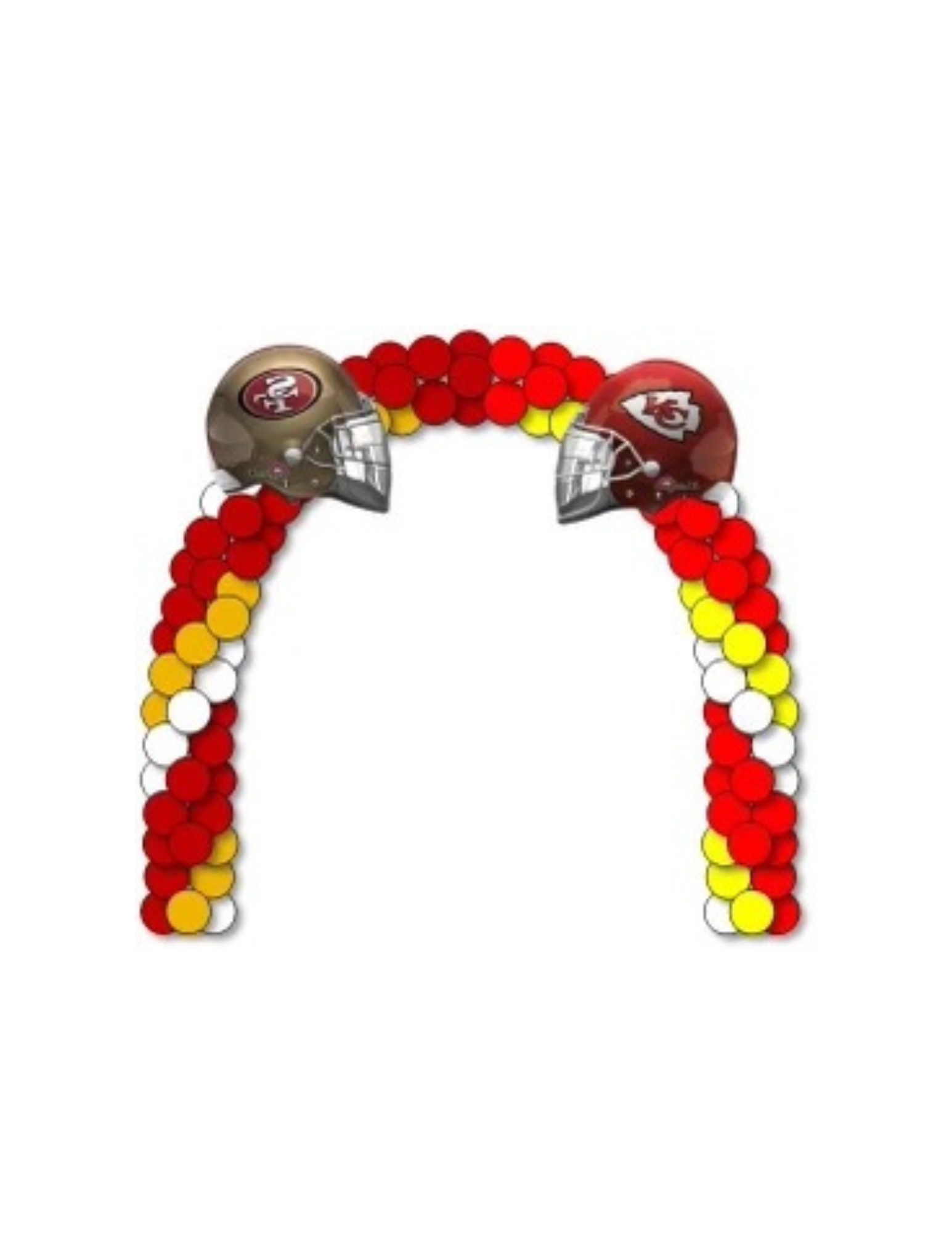 Balloon arch with Kansas City Chiefs helmets. Red, yellow, and white balloons make the arch.