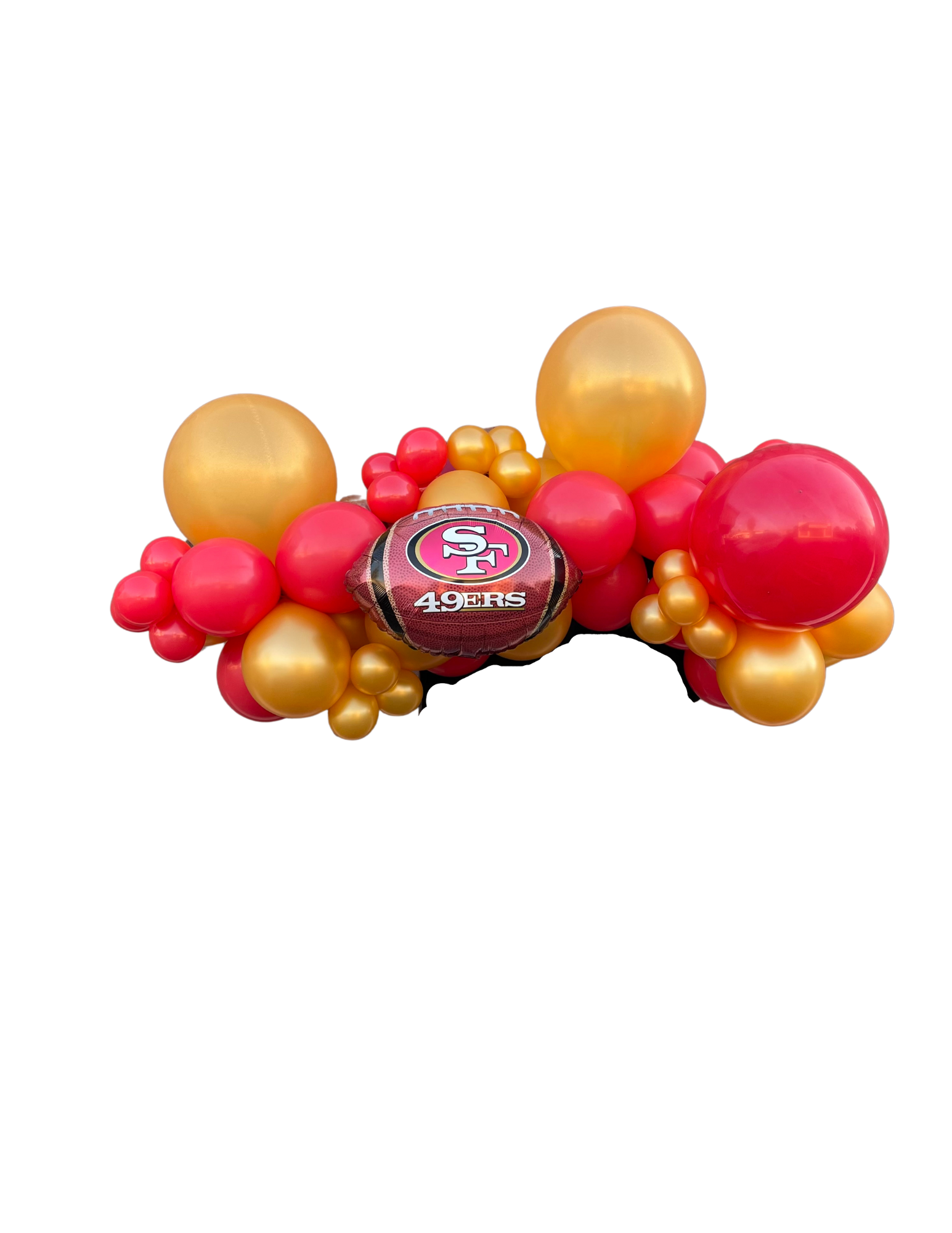 Balloons in red and gold, shaped in a semi-circle, with a football in the center.