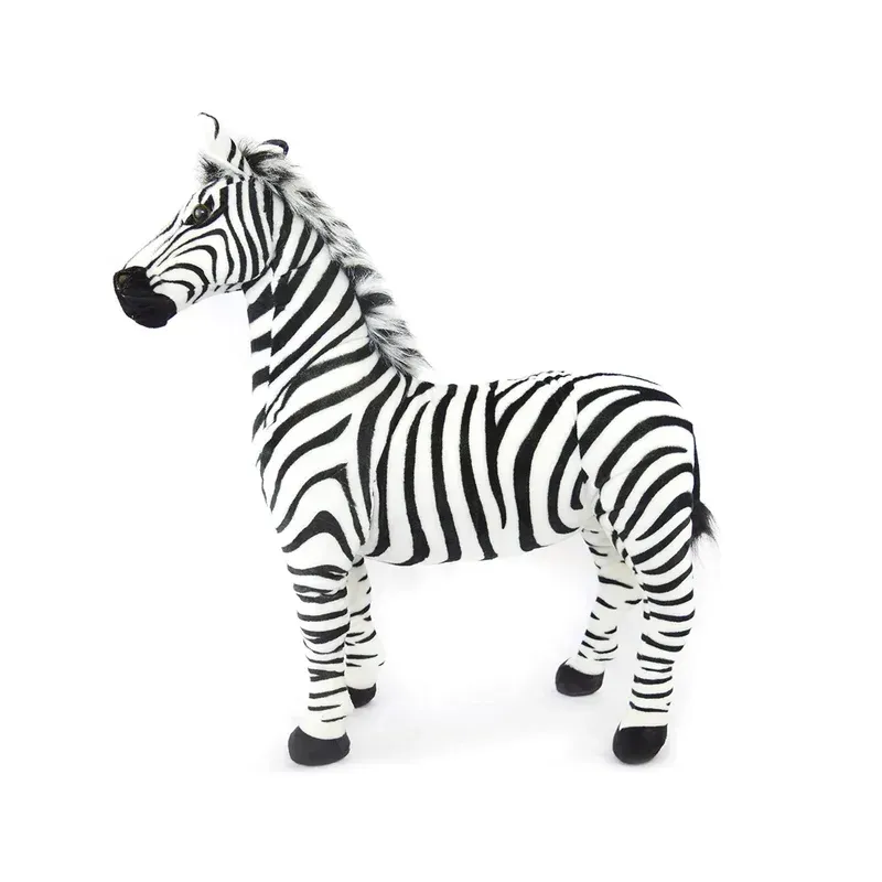 Stuffed zebra, black and white stripes, standing.
