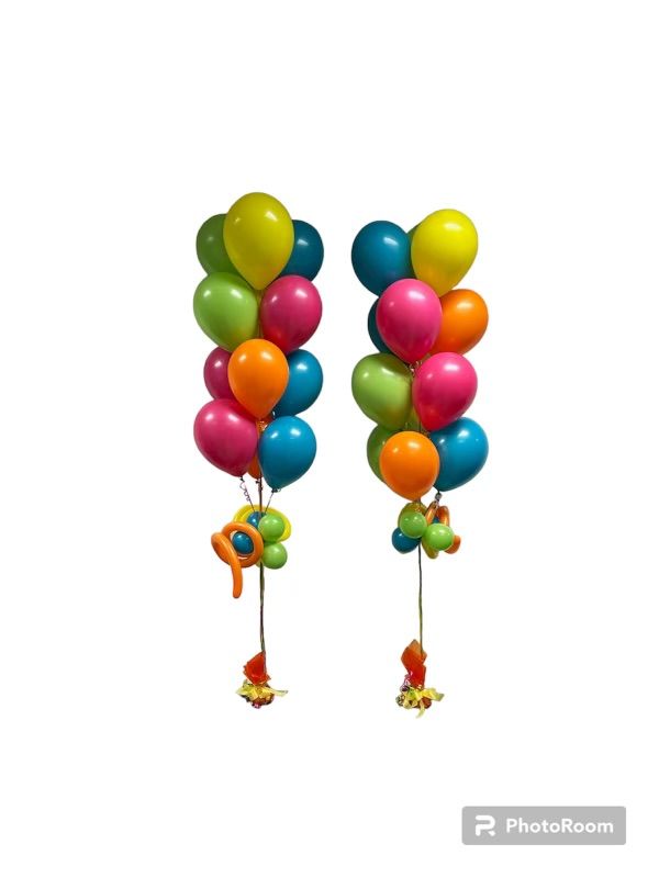 Two colorful balloon bouquets with toys at the bottom, on a white background.