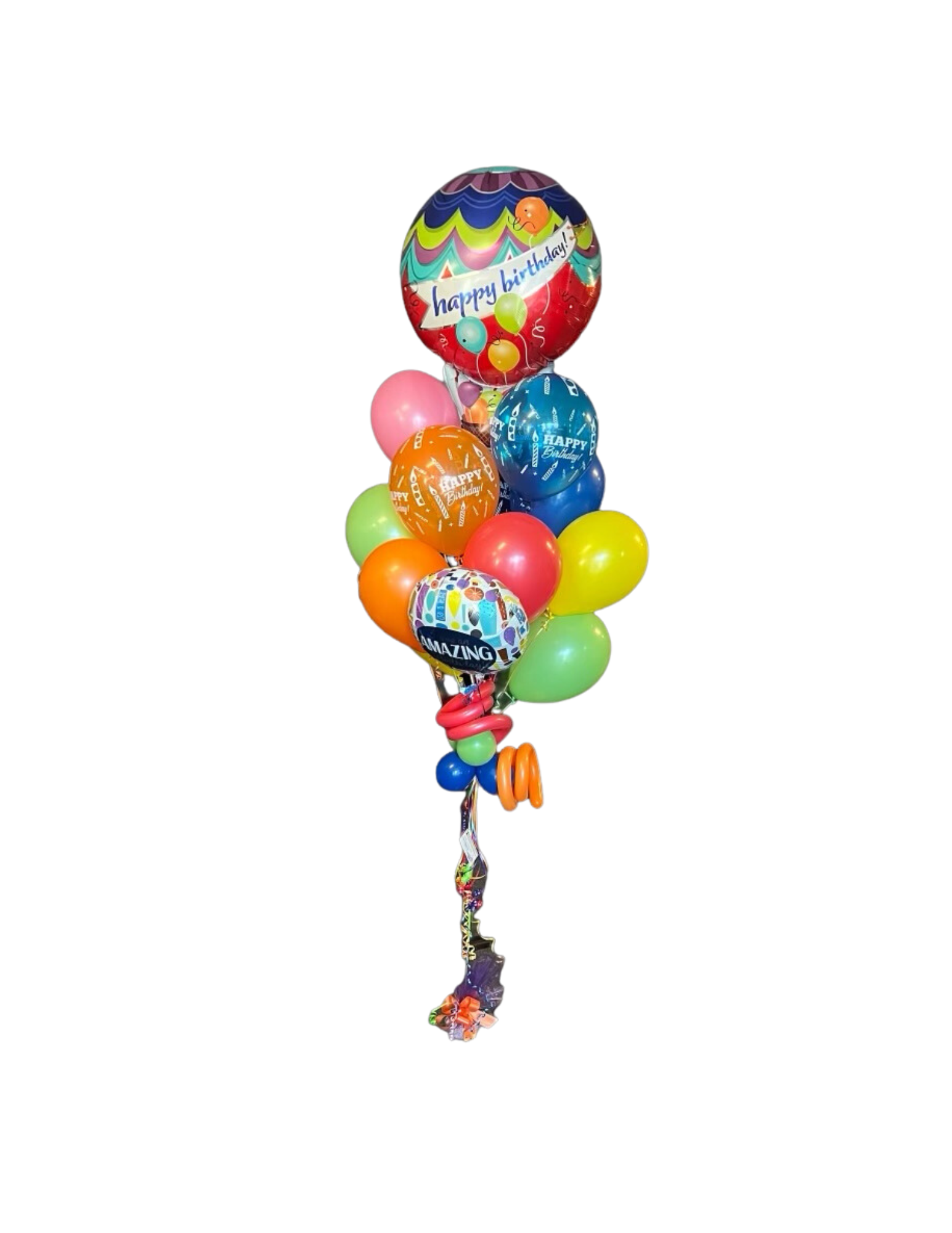 Colorful birthday balloon bouquet, with a large