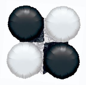 Four connected round foil balloons: black, white, black, white.