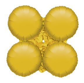 Four gold round foil balloons attached together.