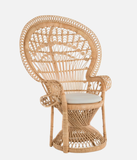 Rattan peacock chair with a high back and seat cushion, on a white background.