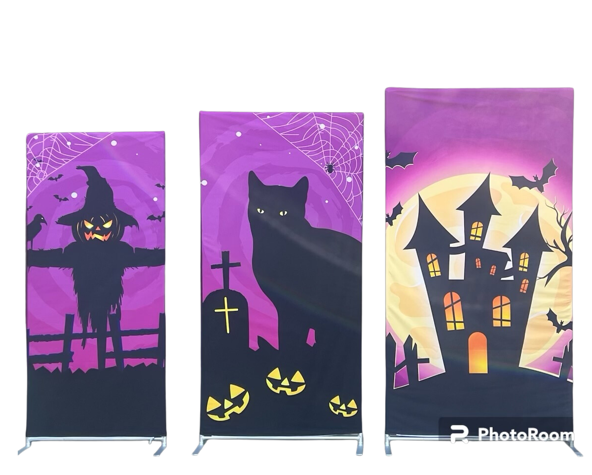 Three Halloween-themed banners with a scarecrow, black cat, and haunted house against a purple sky.