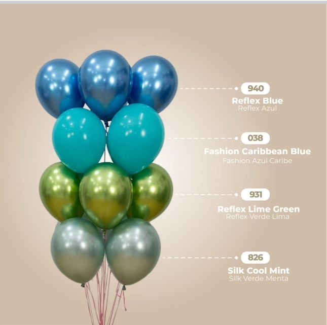 A balloon bouquet: blue, turquoise, lime green, and silver balloons.