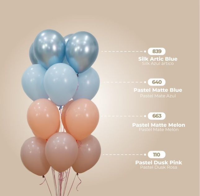 Balloons: blue and pink, labeled Silk Artic Blue, Pastel Matte Blue, Melon, and Dusk Pink.