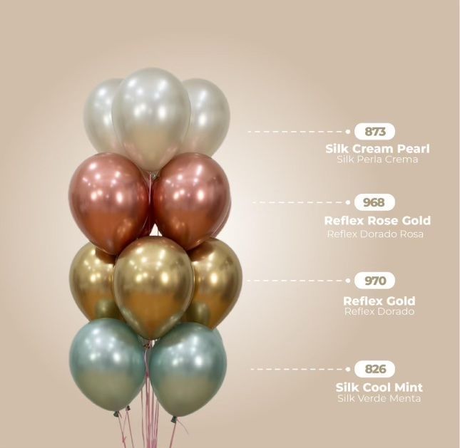 A balloon bouquet with cream, rose gold, gold, and mint-colored balloons. Text labels describe each color.