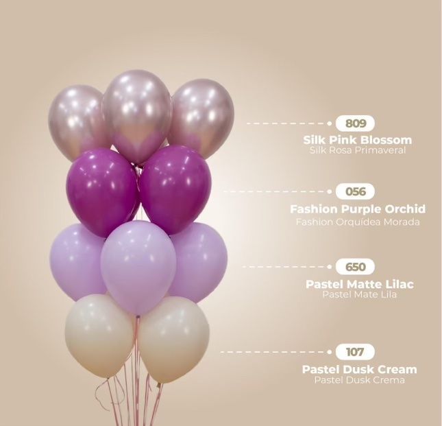 A cluster of colorful balloons: silk pink, purple orchid, lilac, and dusk cream.