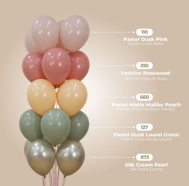 A bouquet of colorful balloons: pink, peach, green and pearl.