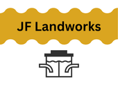JF Landworks logo with gold banner and drainage system icon.