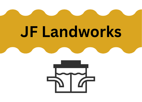 JF Landworks logo with gold banner and drainage system icon.