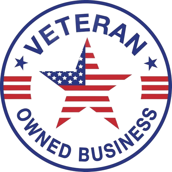 Veteran-owned business seal with US flag star, blue and red stripes, white background.