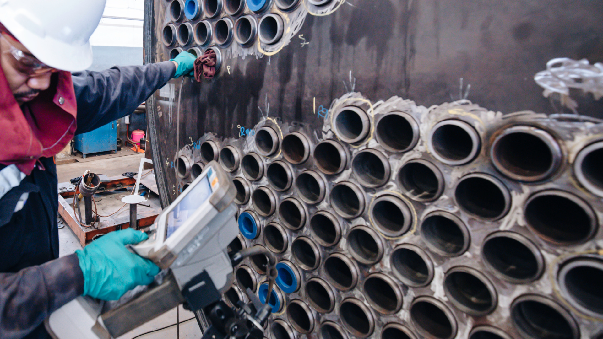 two men are working on a piece of metal in a factory .