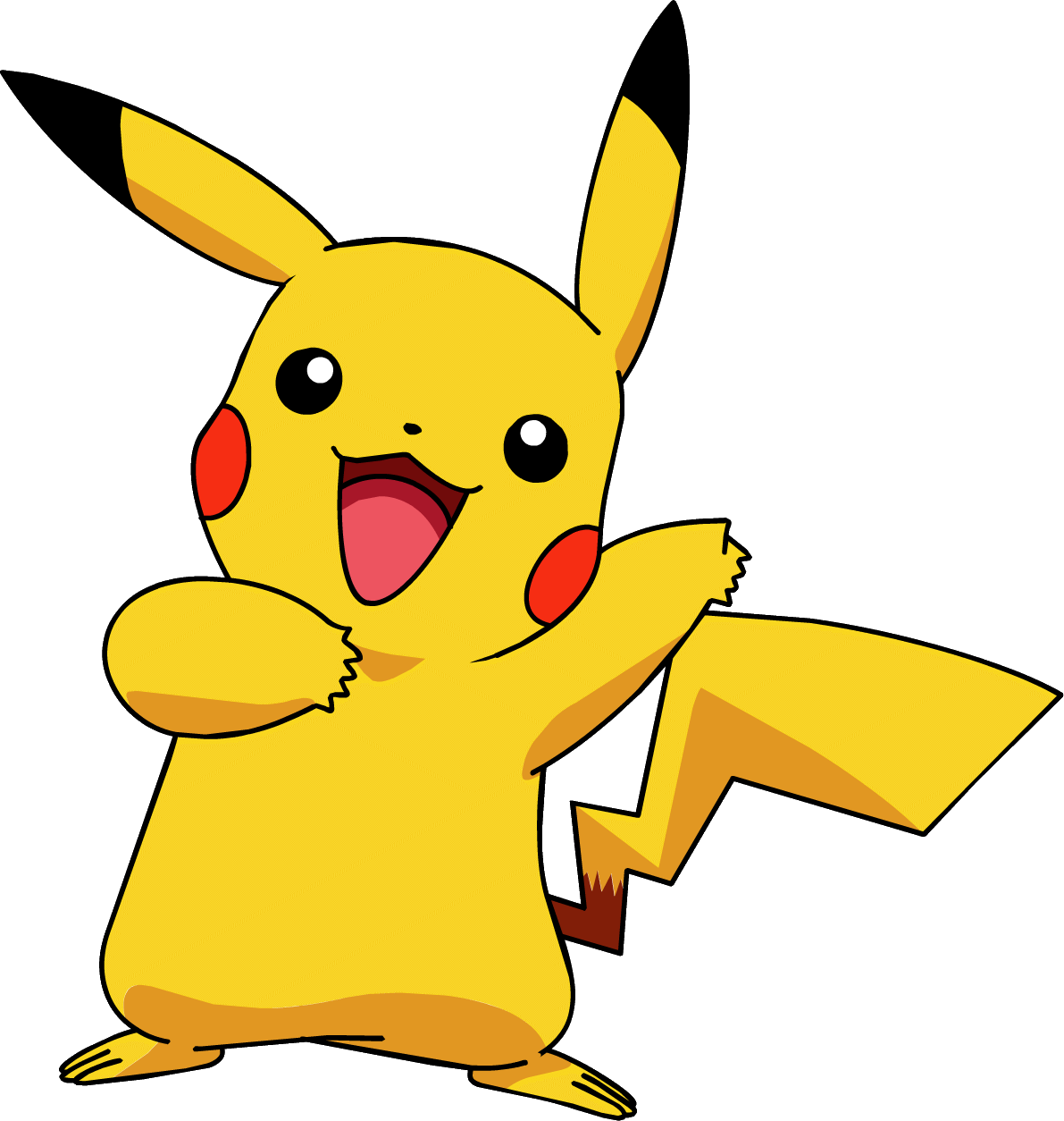 A cartoon pikachu is standing on a white background