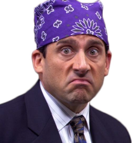 A man in a suit and tie is wearing a purple bandana