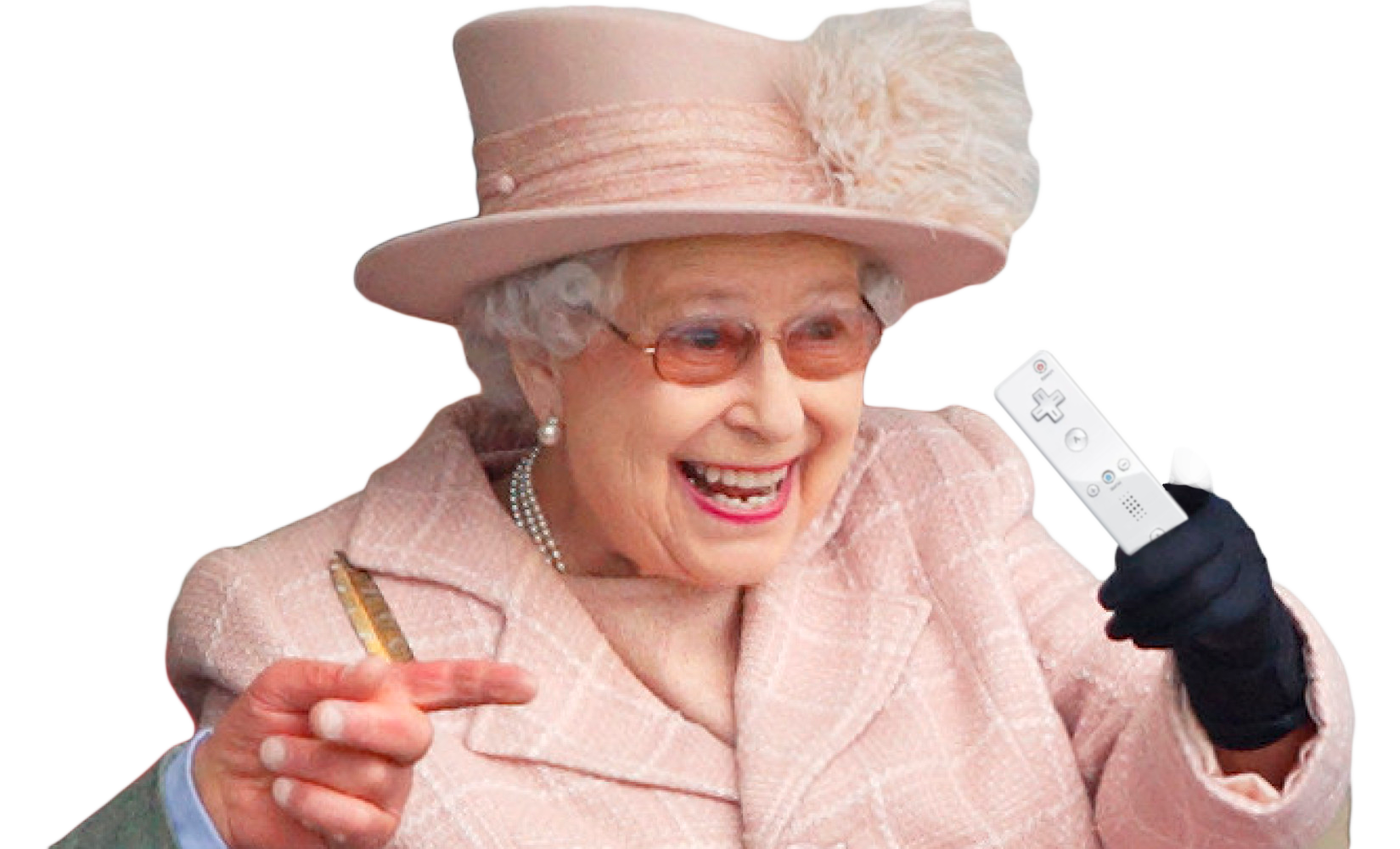 The queen is wearing a hat and holding a remote control.