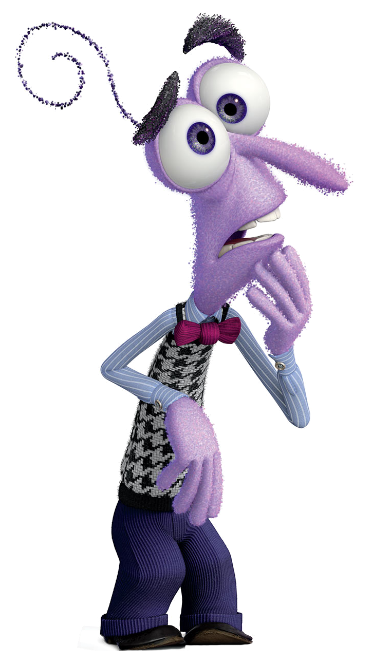 A cartoon character with purple hair and big eyes is standing on a white background.