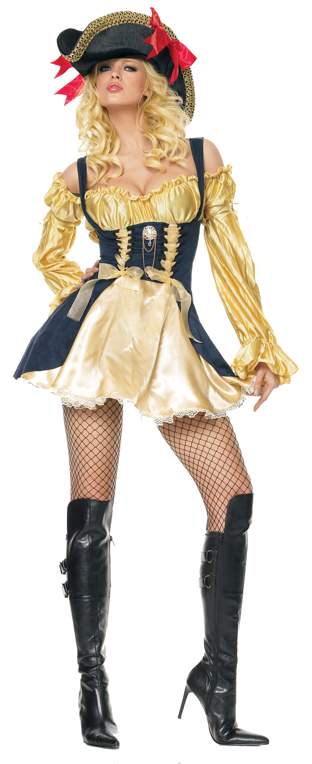 A woman in a pirate costume is standing on a white background.