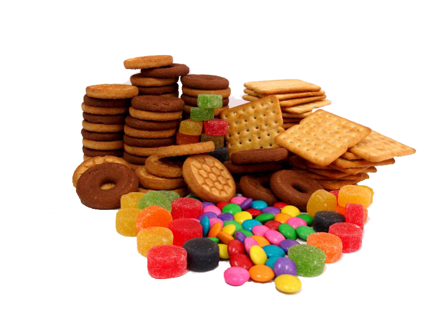 A variety of cookies and candy on a white background