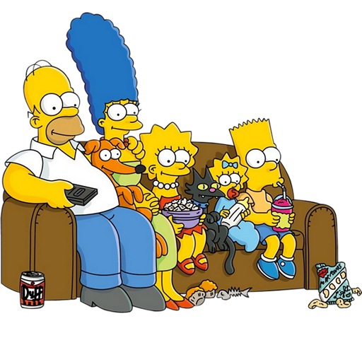The simpsons are sitting on a couch eating popcorn and watching tv.
