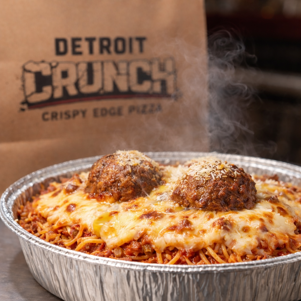 8 Mile Meatball Brick Bowl™
Steel pan baked bowl layered with pasta, rich meat sauce, melted mozzarella, and oversized meatballs, finished with a golden cheese crown. Baked hot and ready for delivery.