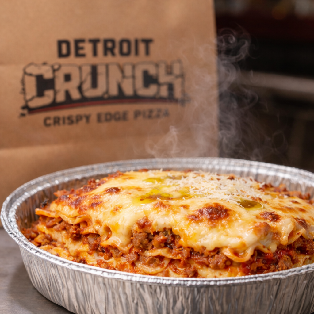 Brickhouse Lasagna Bowl™ Steaming lasagna in a foil pan, with