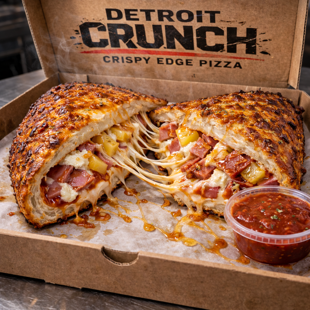 Hawaiian Heat Calzone (CaliMelt™)
Detroit Crunch pizza cut open, revealing cheese, ham, and pineapple. Side of sauce.