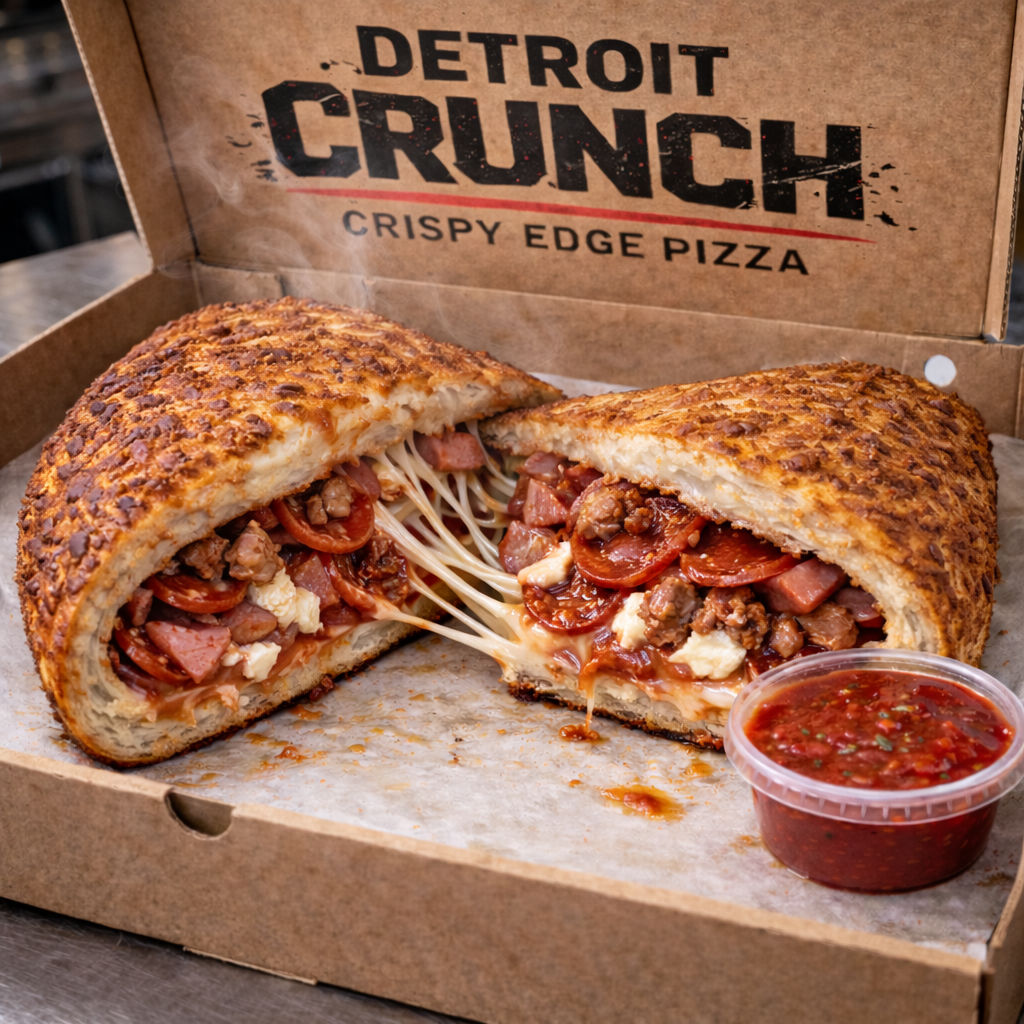 Meat Lovers Calzone (CaliMelt™)
Detroit Crunch pizza in a box, with crispy edges. Topped with sauce and white drizzle.