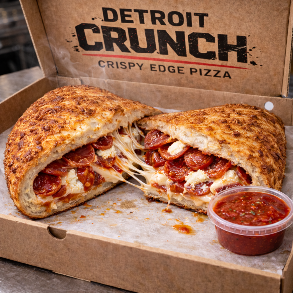 Stuffed Pepperoni Calzone (CaliMelt™)
Detroit Crunch pizza with pepperoni, cheese, and marinara sauce.