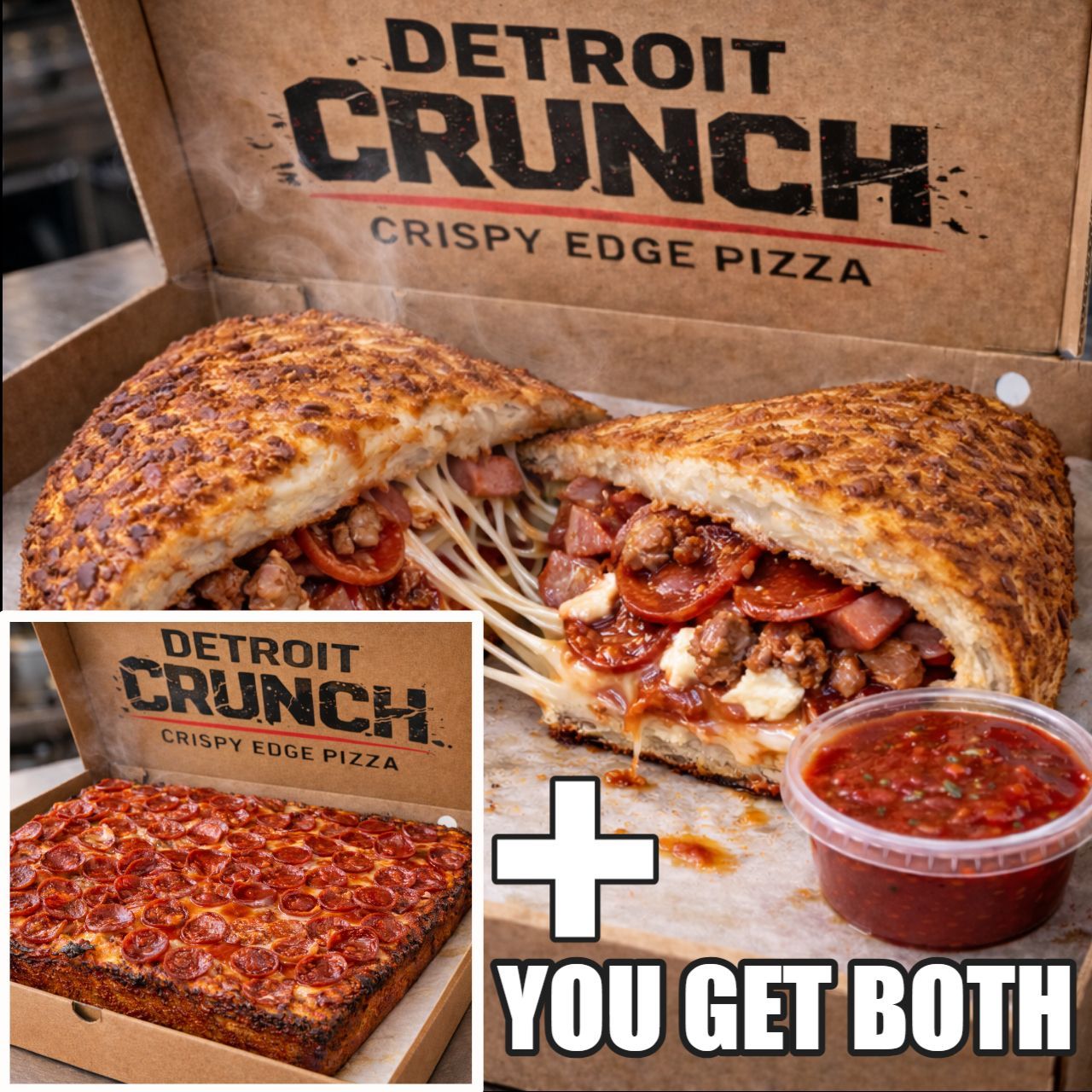 Detroit Crunch pizza, with crispy edges, cut open, revealing toppings. Plus a whole pizza and sauce. Motor City Feast (Detroit Slab™ Edition)