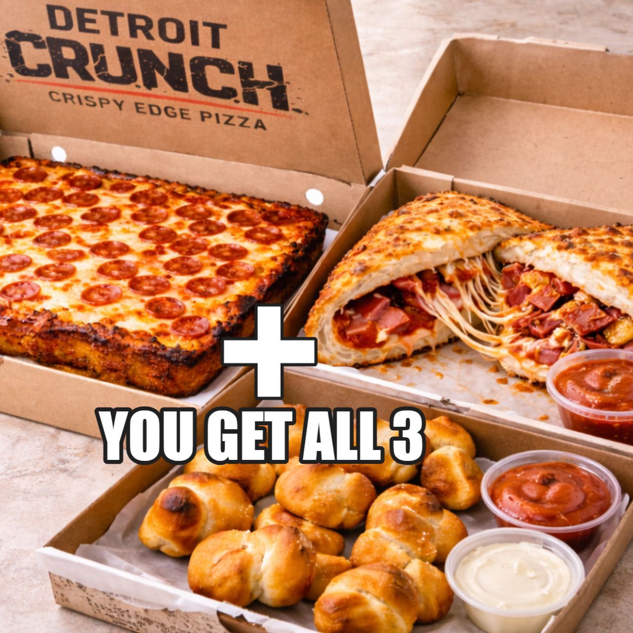 Pizza promotion: Detroit Crunch pizza, calzone, and bread knots, with dipping sauces. The Detroit Triple Play (Detroit Slab™ Edition)
