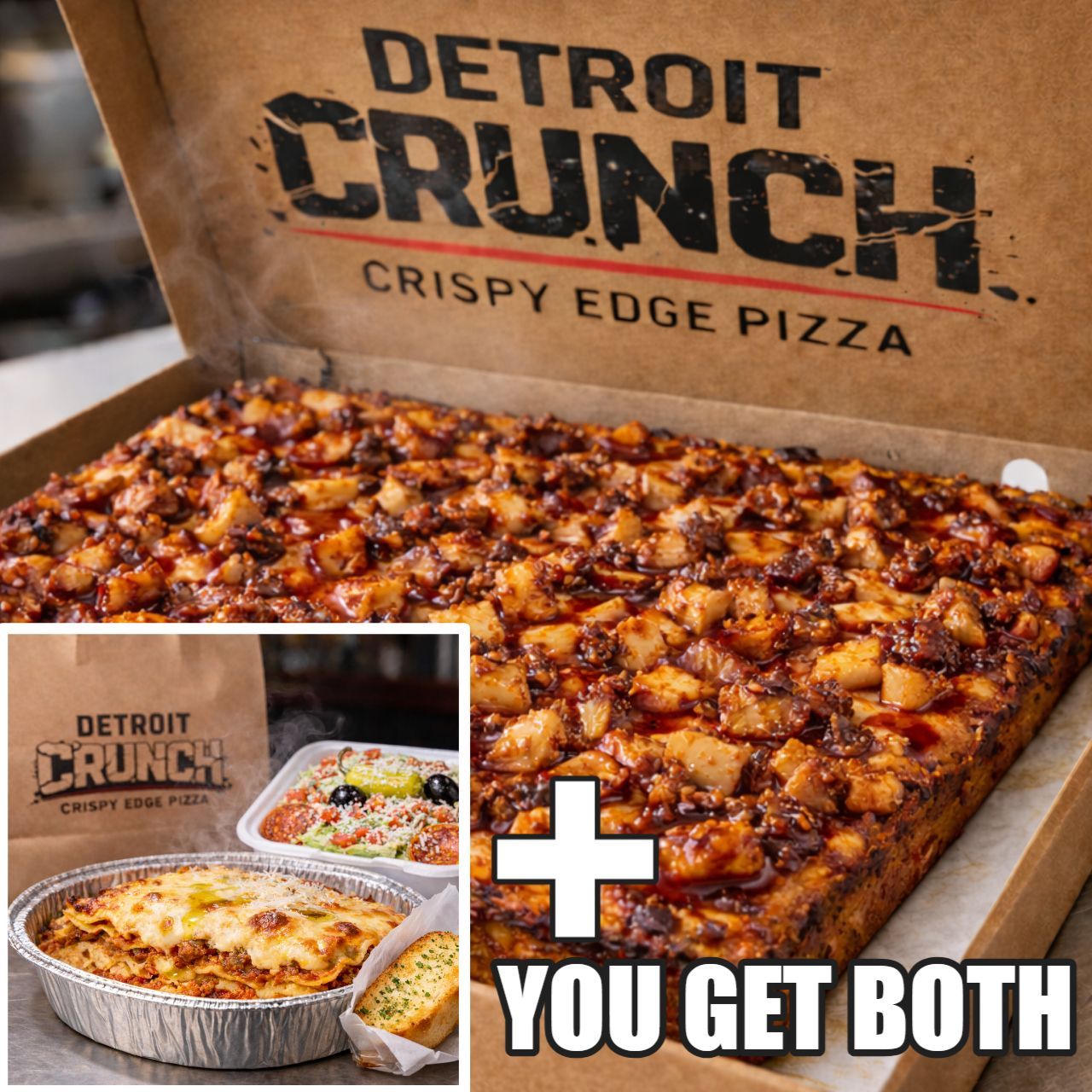 Detroit Crunch pizza with a side dish and salad, a meal deal promotion. Hot Honey BBQ Chicken Overload
