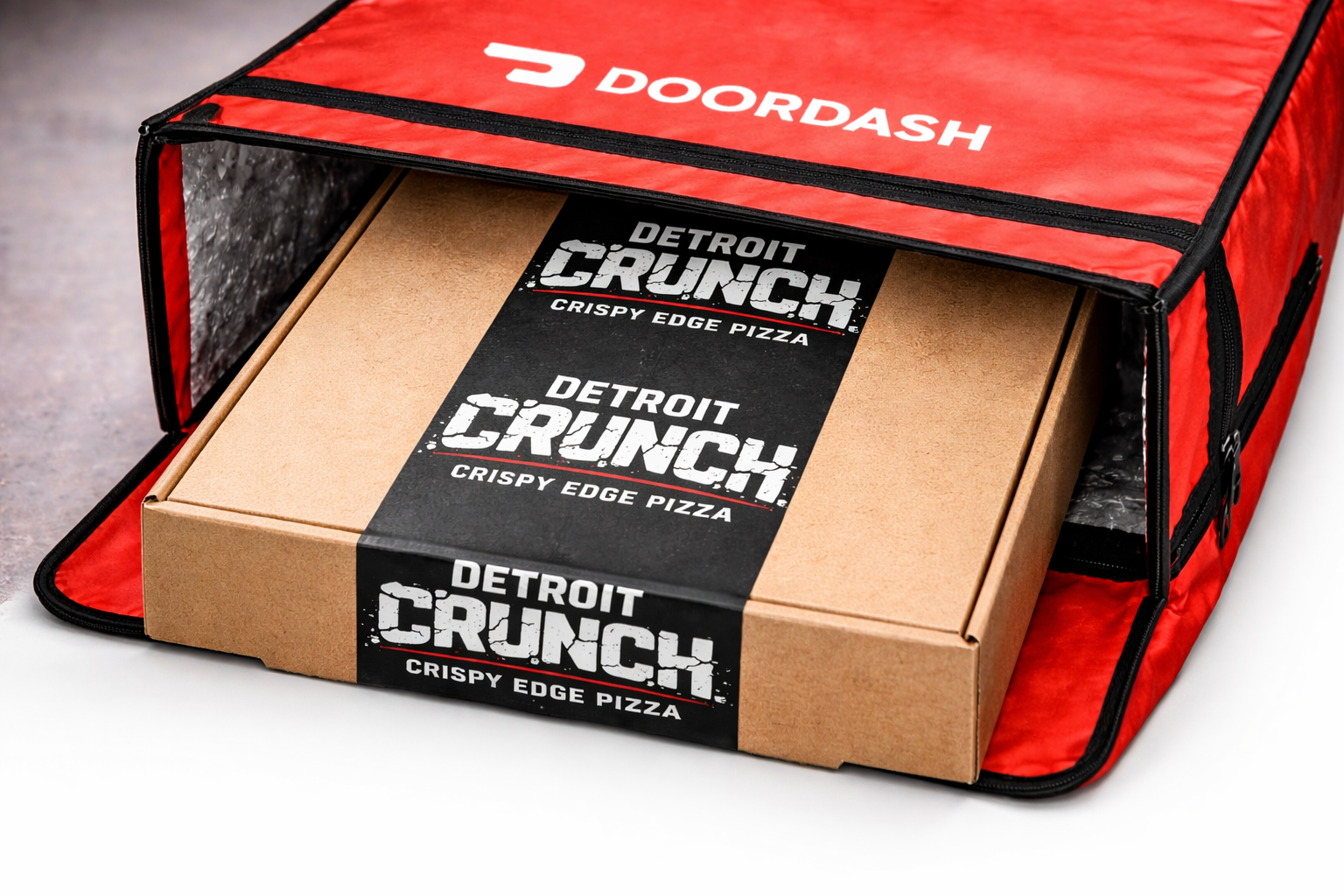 Detroit Crunch pizza box in a red DoorDash delivery bag.