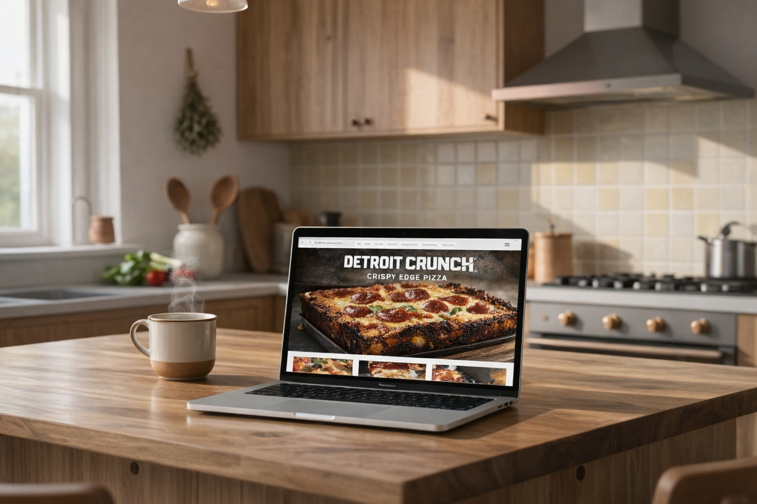 Laptop displaying Detroit Crunch pizza website on a wood kitchen counter with a mug.
