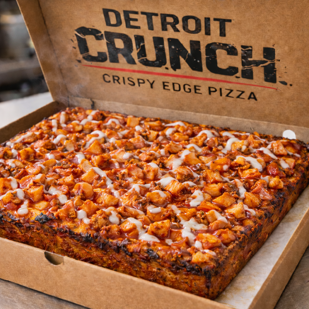 Buffalo Chicken Crunch Slab™
Detroit Crunch pizza in a box, with crispy edges. Topped with sauce and white drizzle.